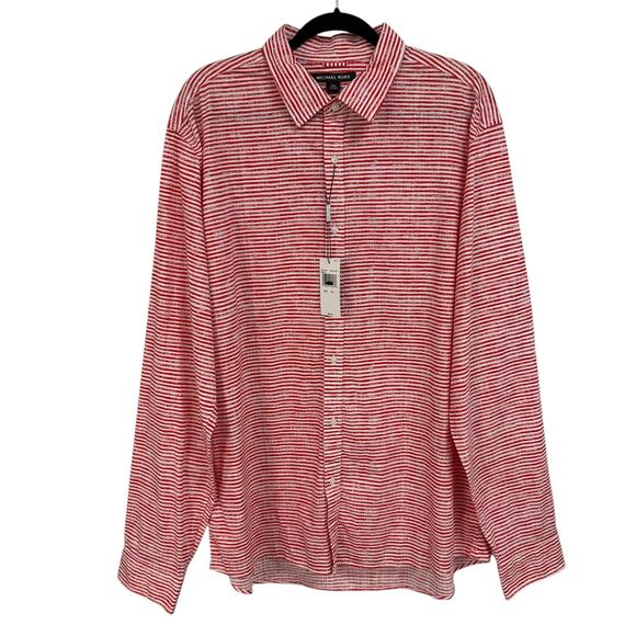 NWT Michael Kors Red White Horizonal Stripe Button Down Long Sleeve Shirt XXL - Picture 2 of 8